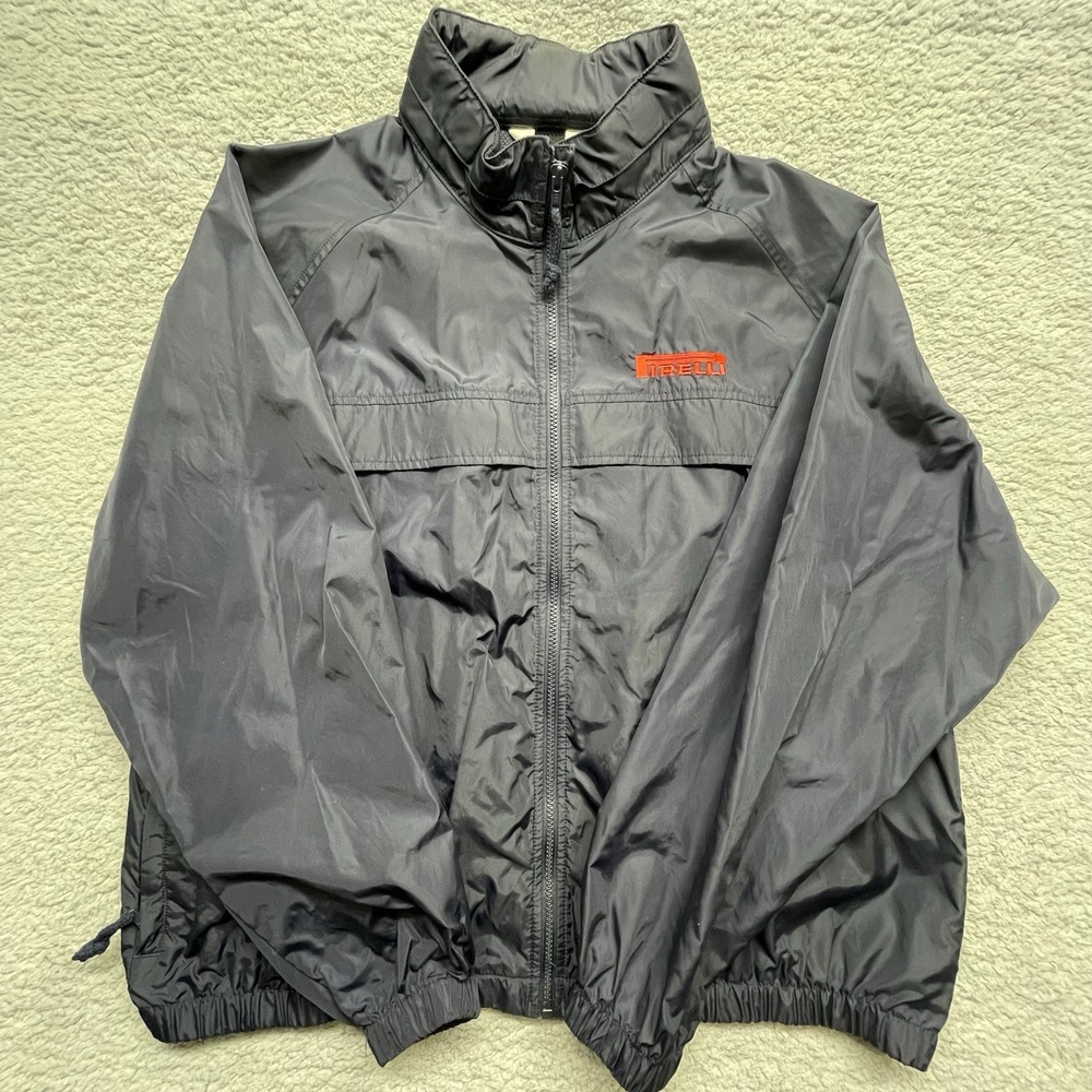 Eddie Bauer Size Large Pirelli Tires branded Navy Windbreaker Jacket Hidden Hood